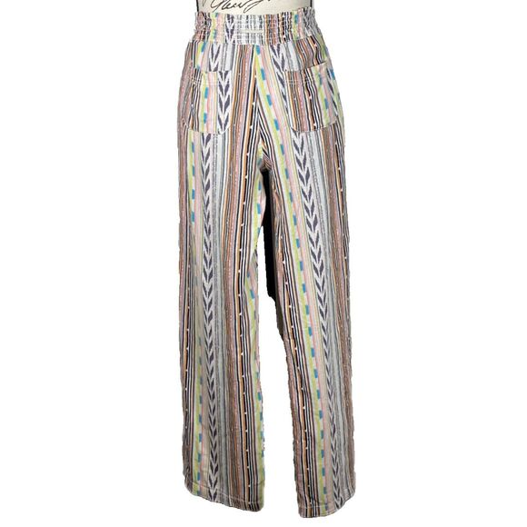 CALI 1850 Sz M Linen Beach Pants Aztec Multicolor Drawstring 4 Pockets - Picture 2 of 11